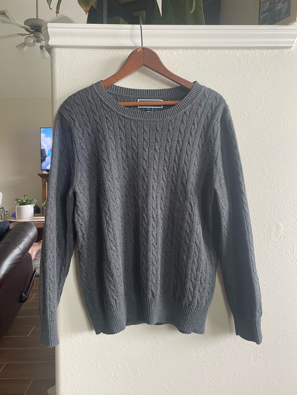 Karen Scott Charcoal Gray Cable-Knit Crewneck Sweater